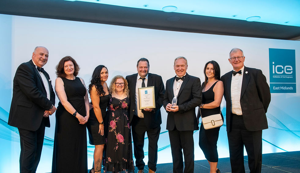A group of people on stage collecting an award