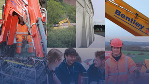 Multiple photos of construction workers